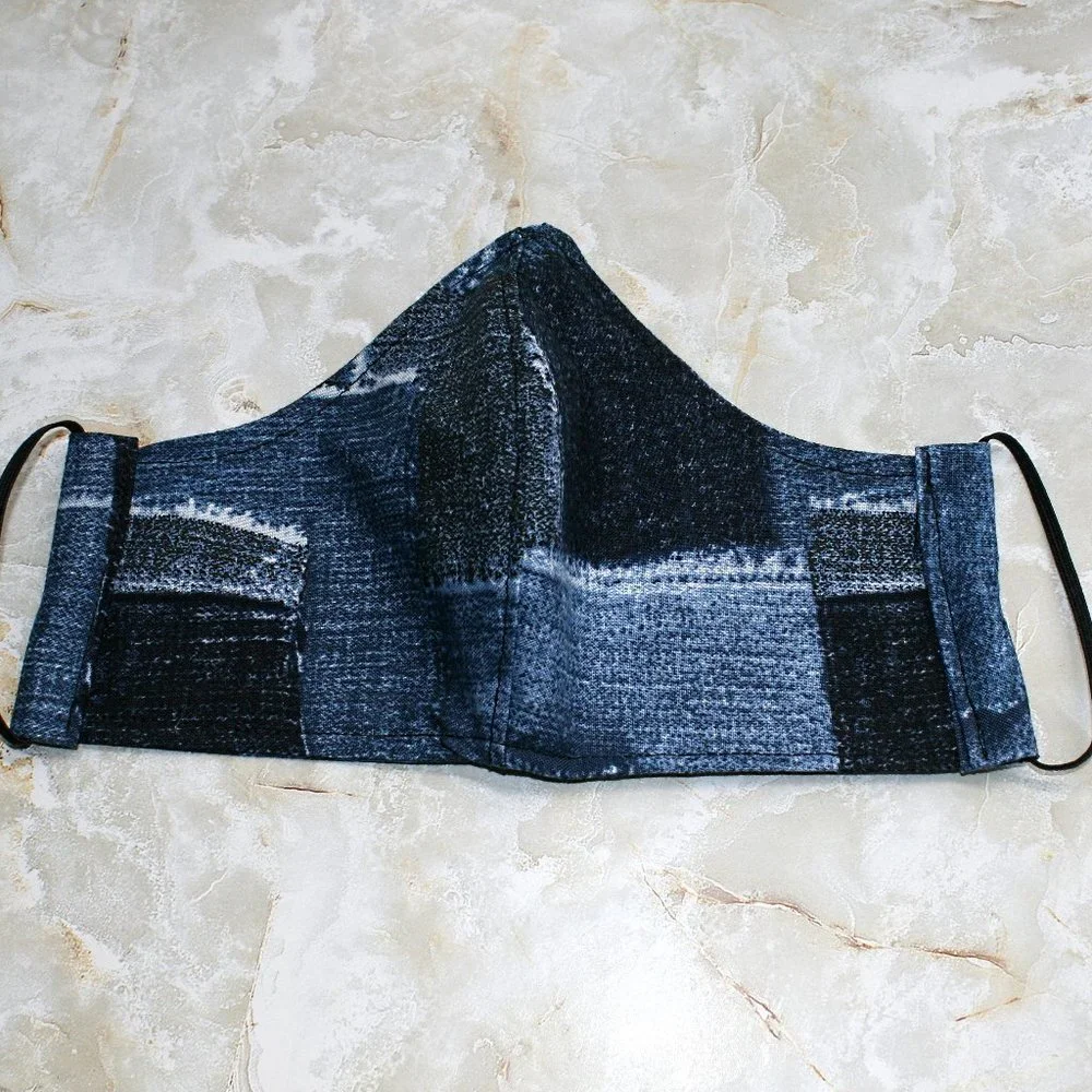 HAND CRAFTED Face Mask Denim Patchwork Adult Cloth Fabric Print - Shield Style